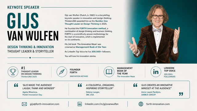 Gijs van Wulfen speaker information one-pager: bio, FORTH innovation method credentials, Management Book of the Year award, LinkedIn Top Voice, and client testimonials